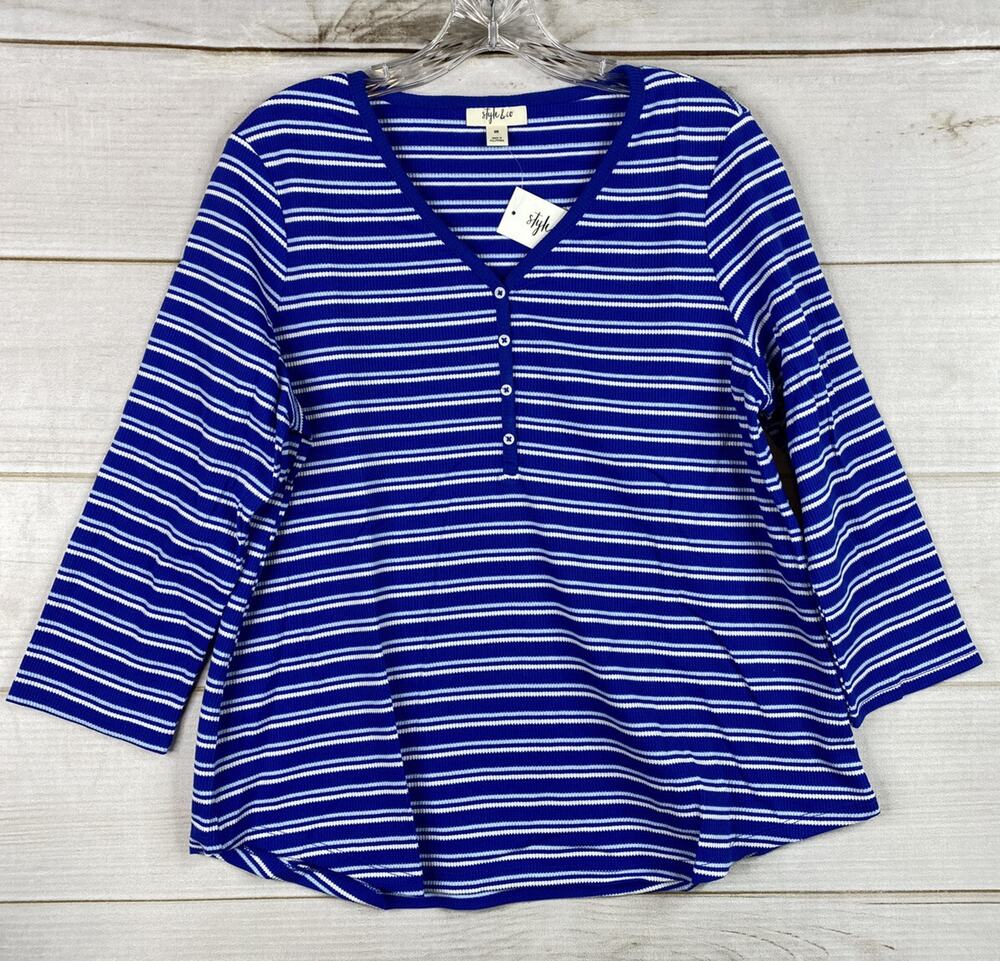 Style & Co Top Womens 0X Blue White Stripe Waffle Knit Long Sleeve Henley NWT